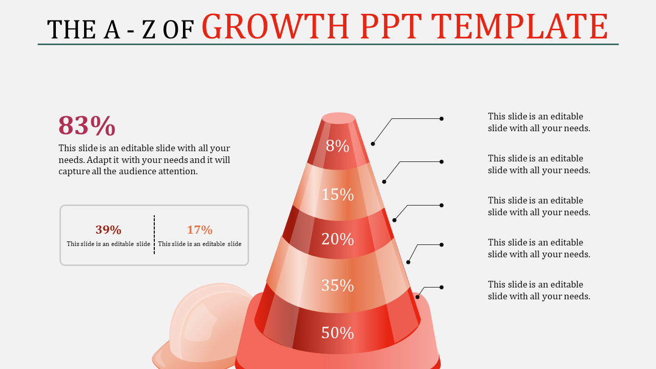 Pyramid model infographic slide showing percentage growth with placeholder text.