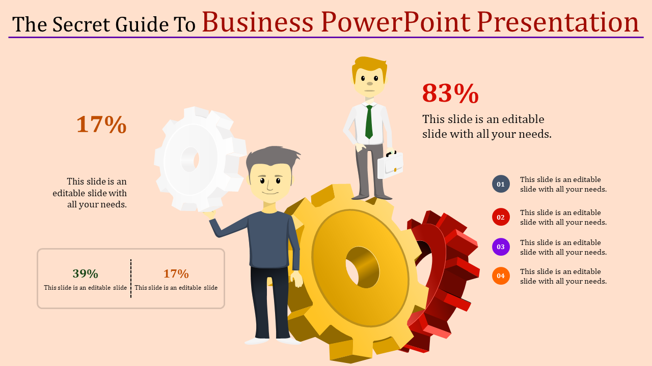 Illustration with two man beside large gears in white, yellow, and red, and business related statistics on a beige backdrop.