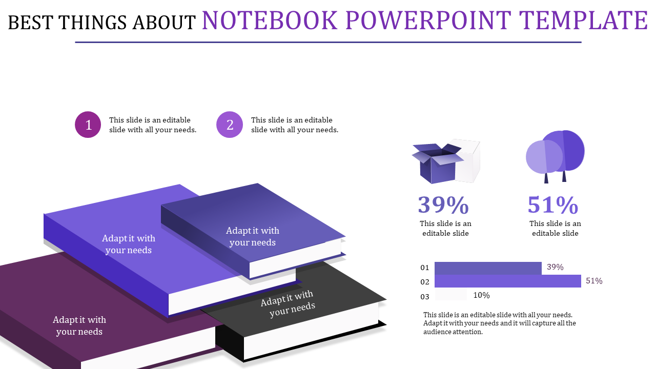 Notebook themed PowerPoint slide featuring stacked books and a progress chart with placeholder text.