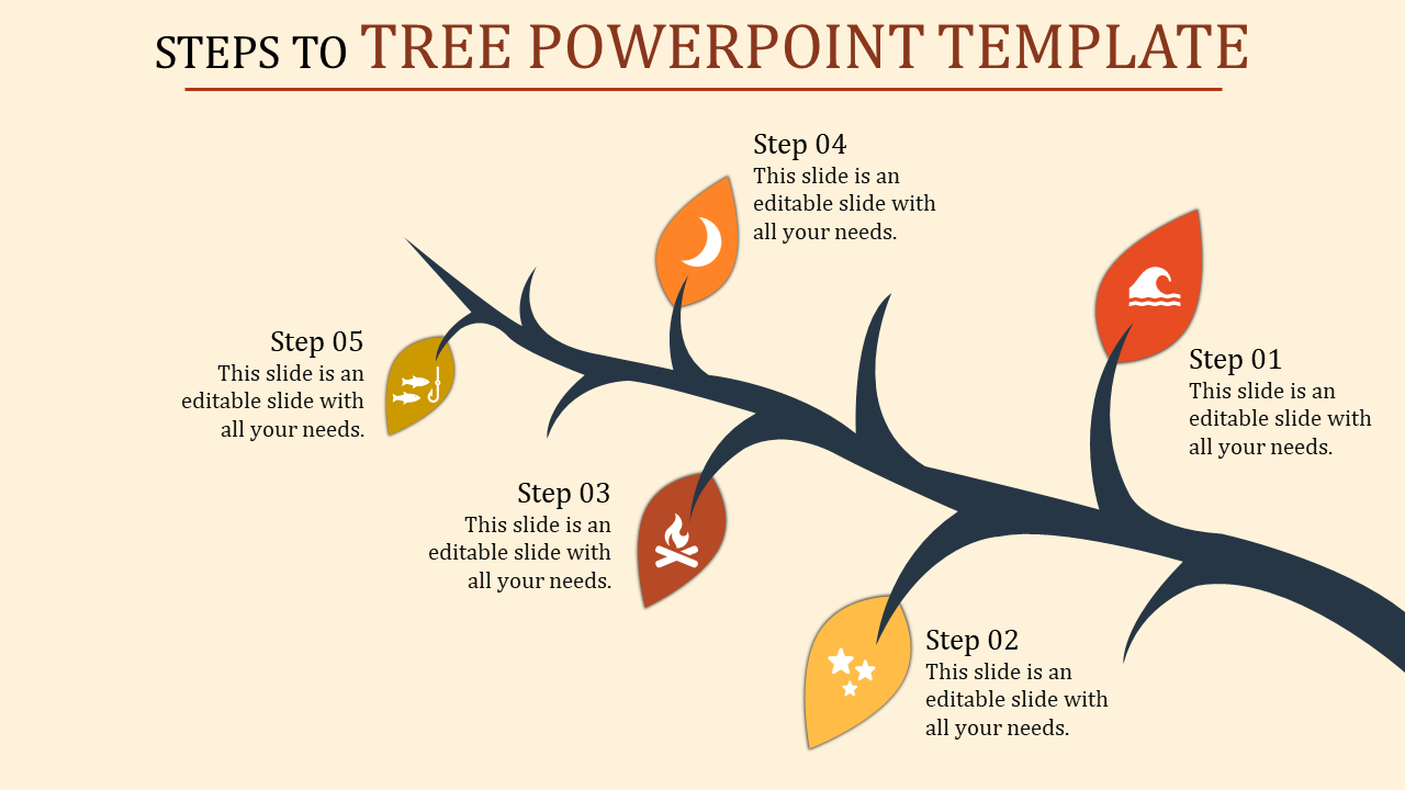 Tree PPT slide with a branch design, featuring five colorful leaves labeled Step 01 to Step 05, each with icons and text.