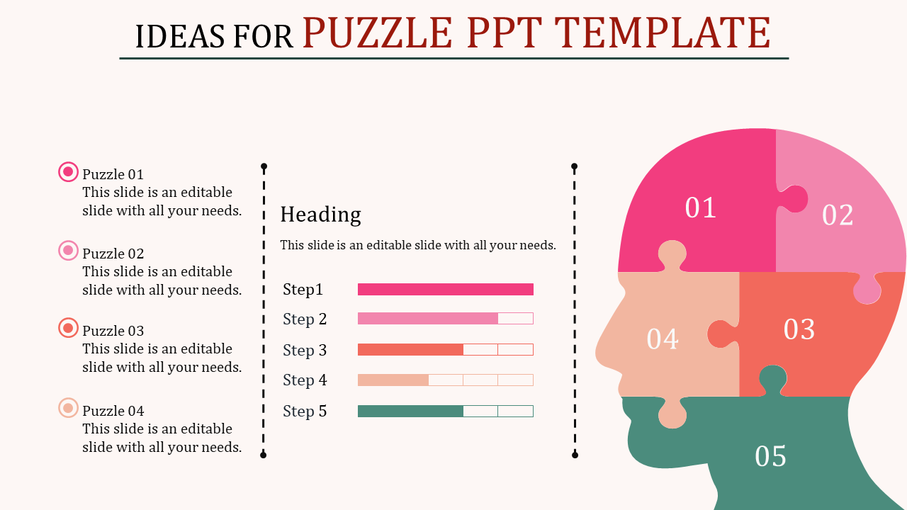 Slide featuring a puzzle piece layout with five sections forming a head, each labeled with a number, and five caption areas. 