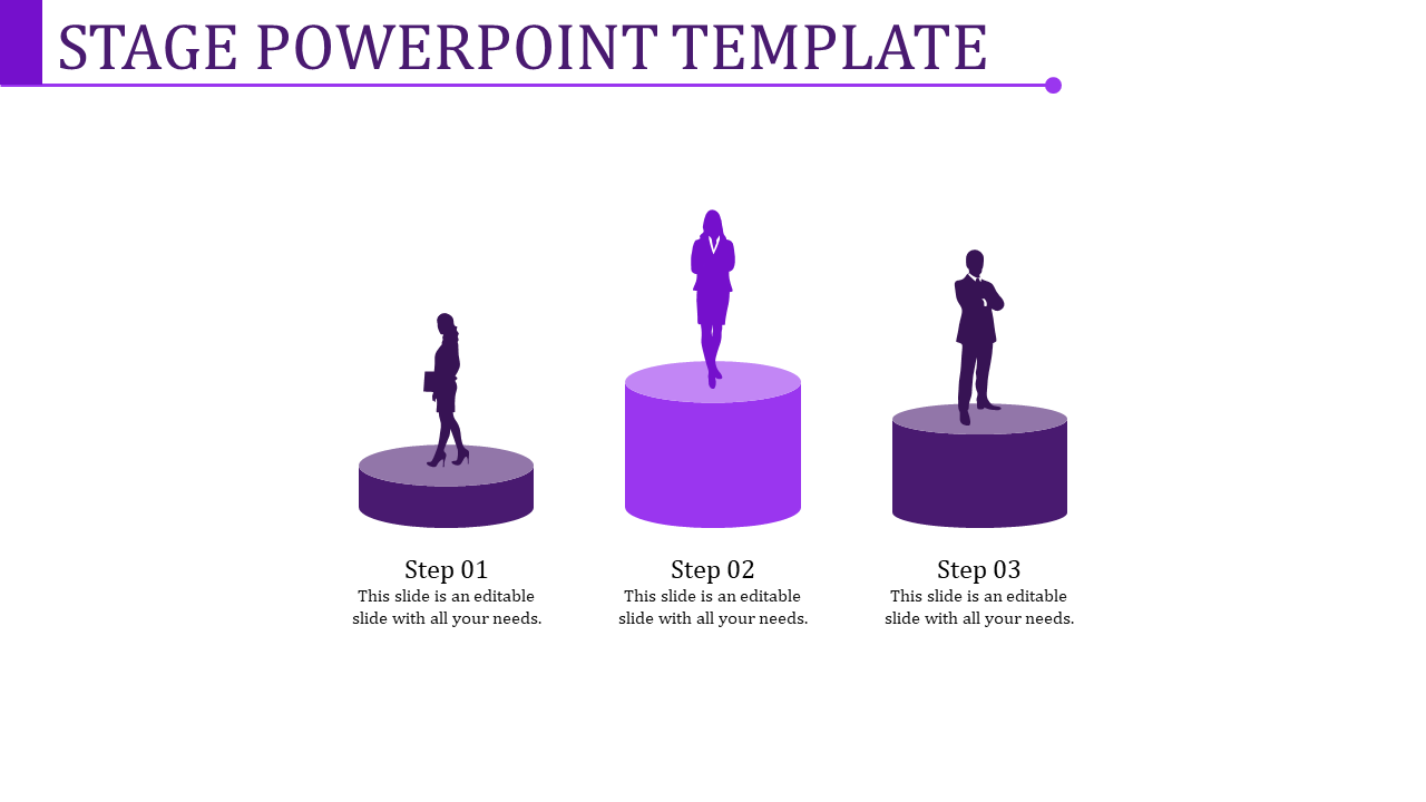 Stage PowerPoint template with purple podiums representing steps in a process with placeholder text.