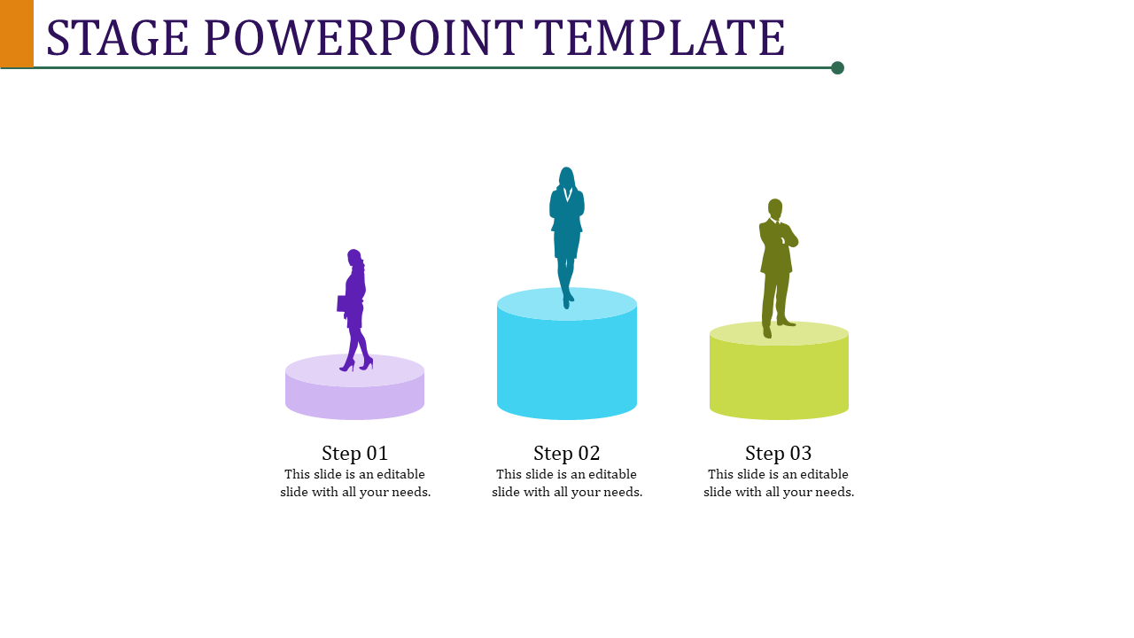 Stage infographic with three orange podiums in light to dark shades, displaying businessperson silhouettes for steps 1 to 3.