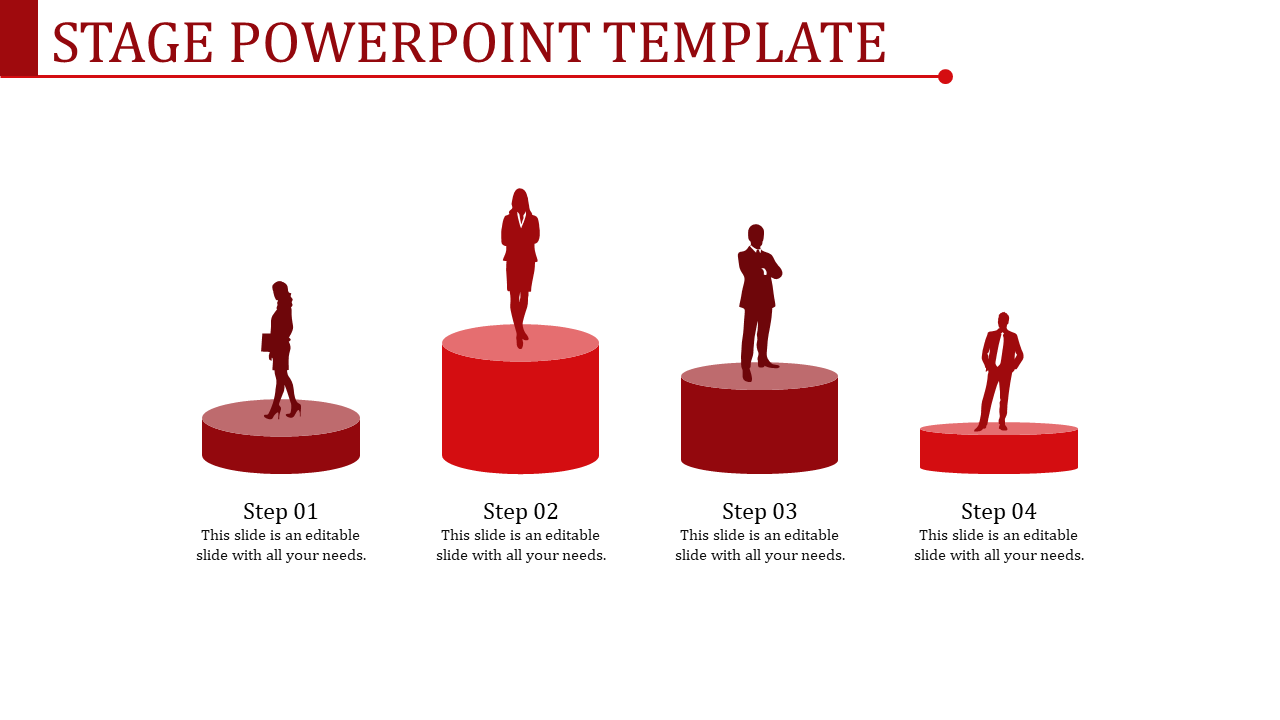 Stage diagram with ascending four red podiums featuring professional silhouettes representing sequential steps.