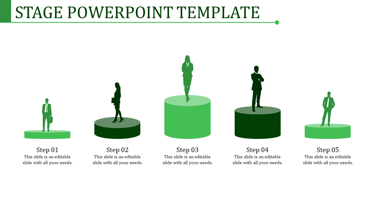 Green themed slide design showcasing five stages with silhouettes, labeled as steps 01 to 05, in a clean linear arrangement.