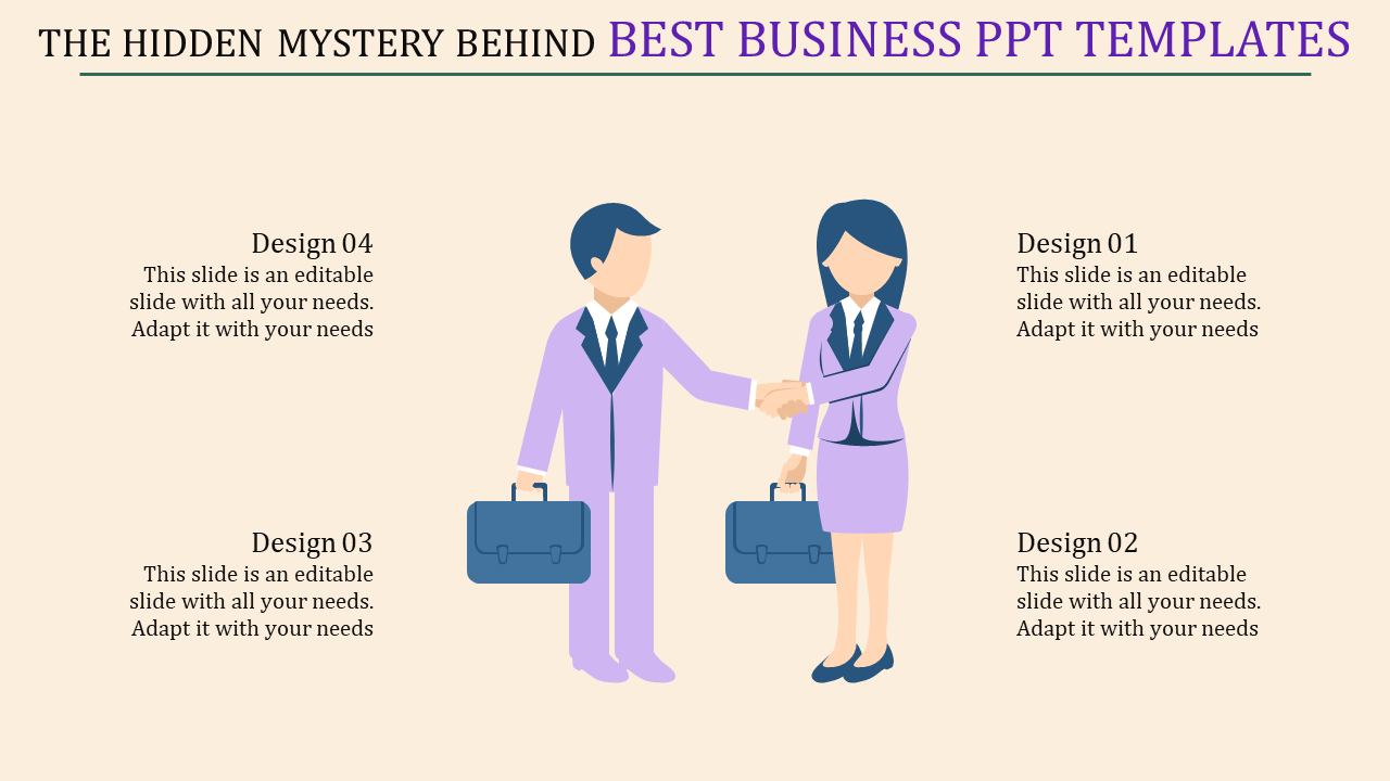 Business partnership slide featuring two professionals with briefcases, plus four customizable design options.