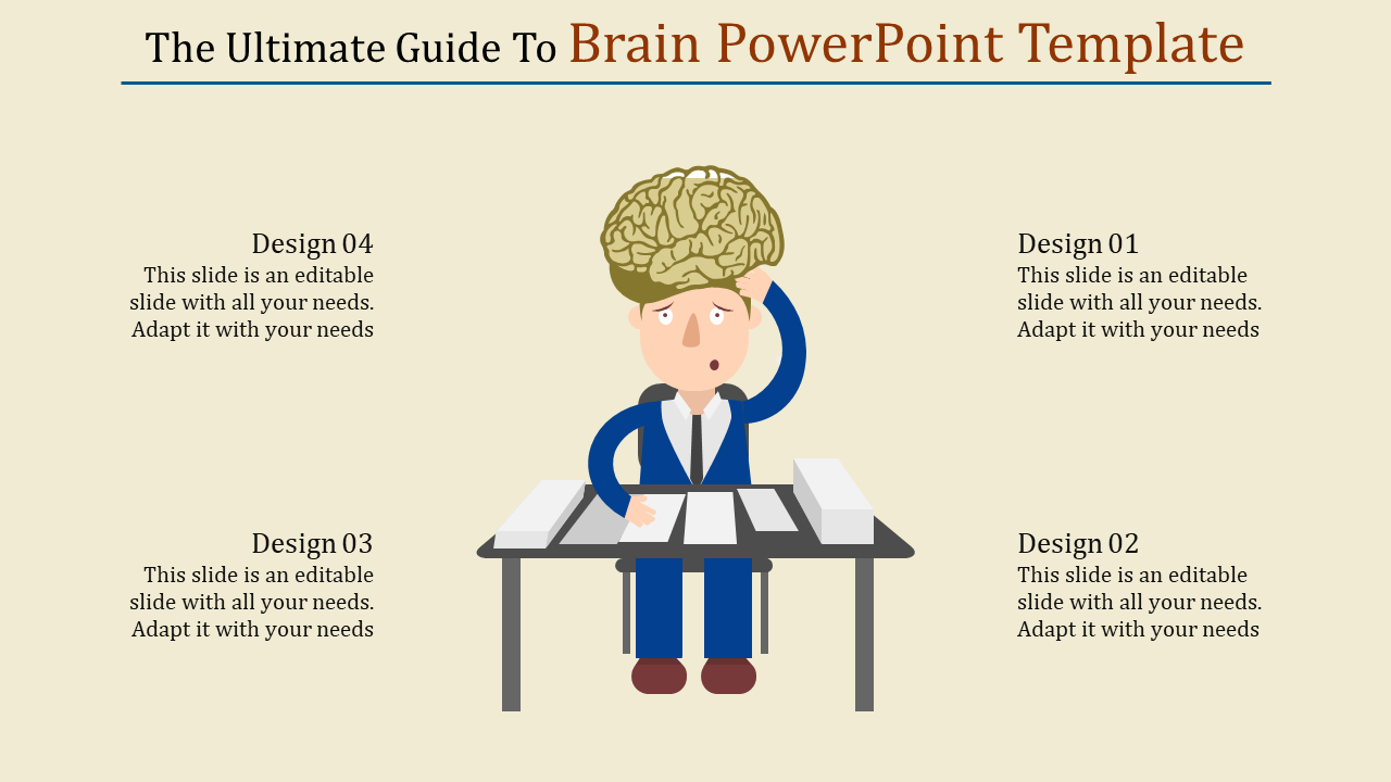 Brain themed PowerPoint template showing a person with a brain on their head, with design options below.