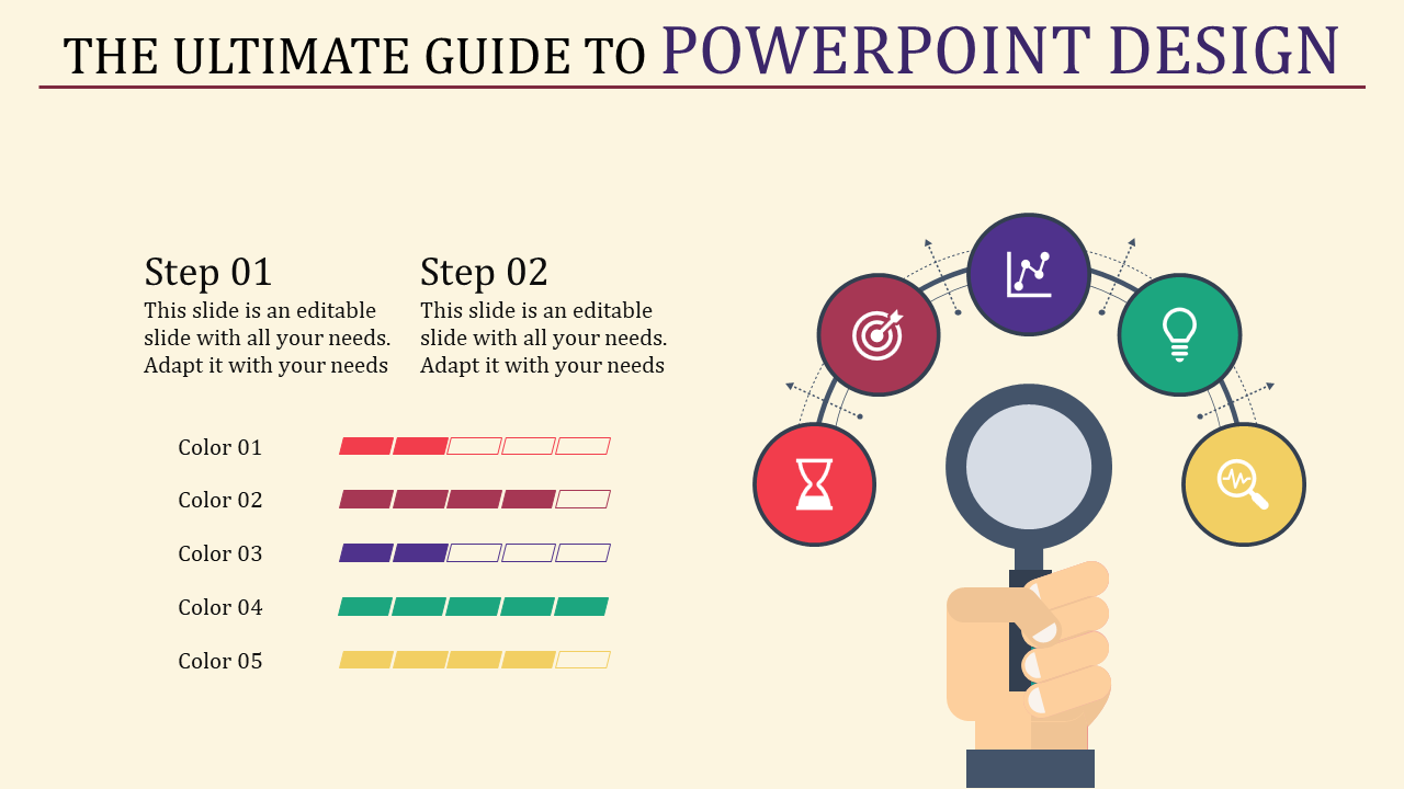 Infographic slide with two steps, color bars, and business-related icons like target, magnifying glass, and chart.