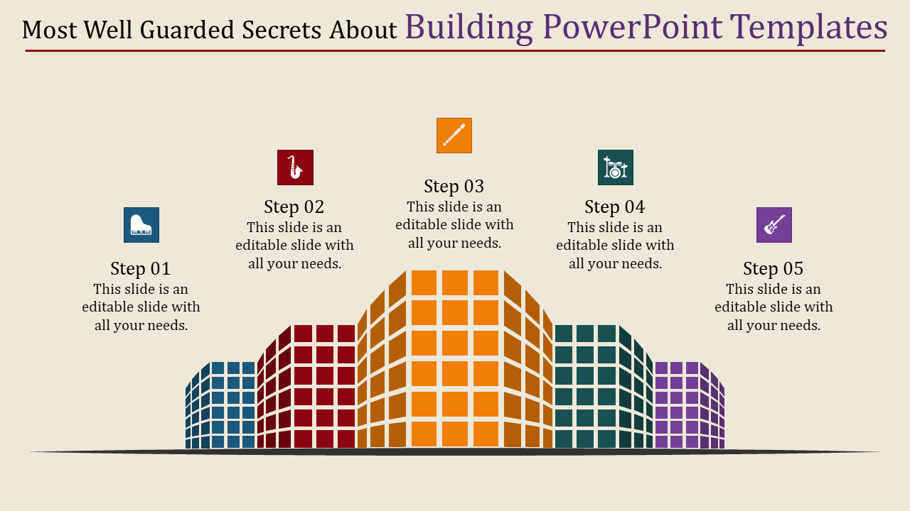 Five colorful building blocks slide labeled with steps and icons representing a sequential process with text area.