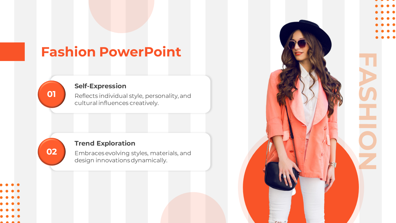 Fashion template with a stylish woman in orange western wear with two caption areas with abstract  circles.