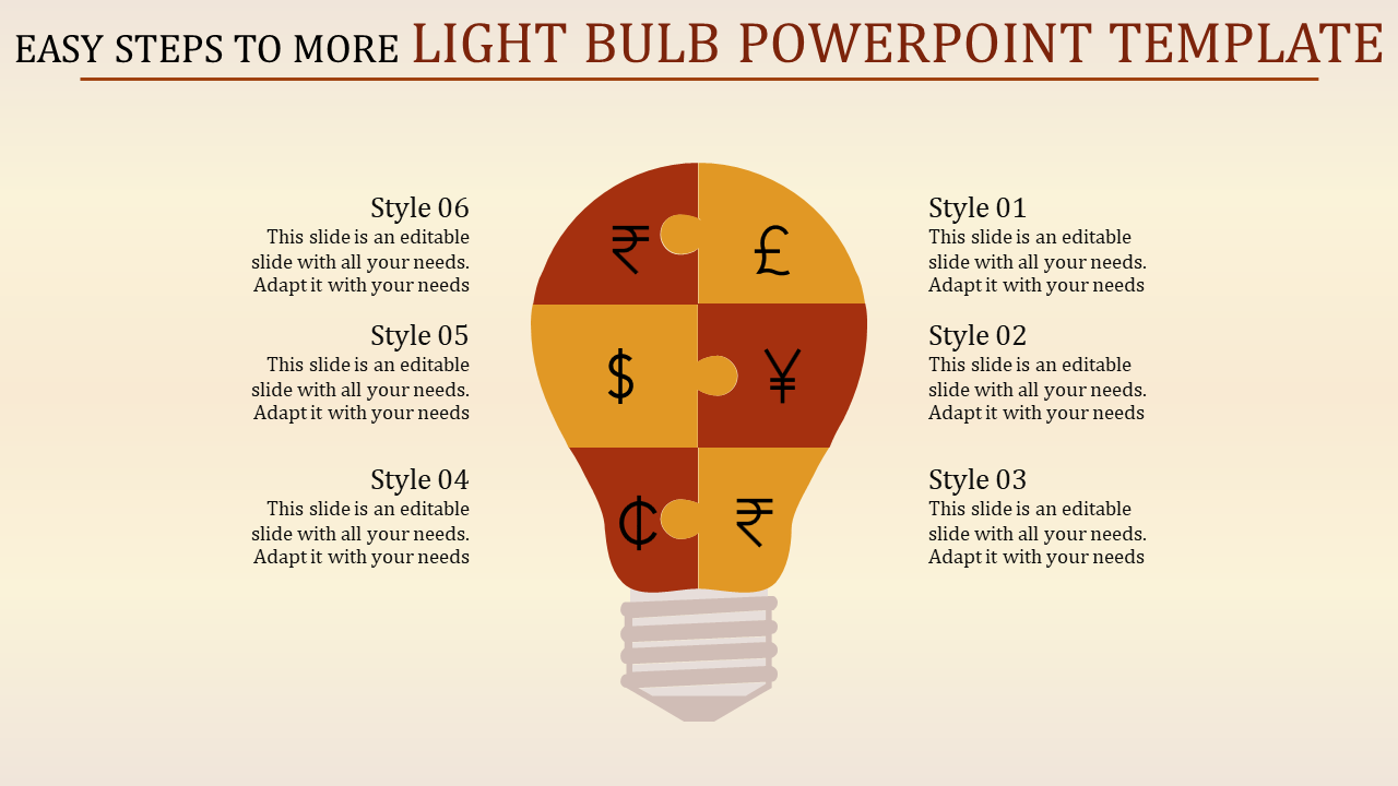 Creative light bulb diagram composed of six puzzle pieces featuring major world currency symbols in warm autumn colors.