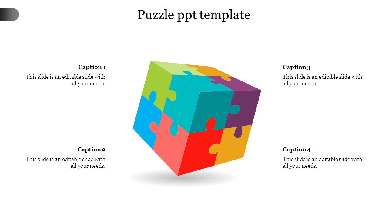 3D cube made of colorful interlocking puzzle pieces in the center, surrounded by four caption areas.