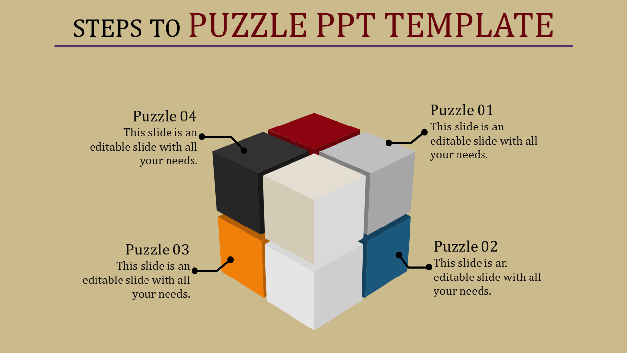 PowerPoint template with numbered puzzle pieces representing different steps in a process, featuring a multi colored cube.