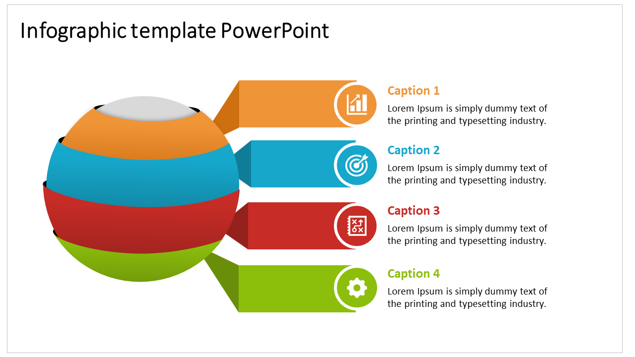 Infographic design PowerPoint slide featuring a circular infographic with four sections, each with different colored icons.