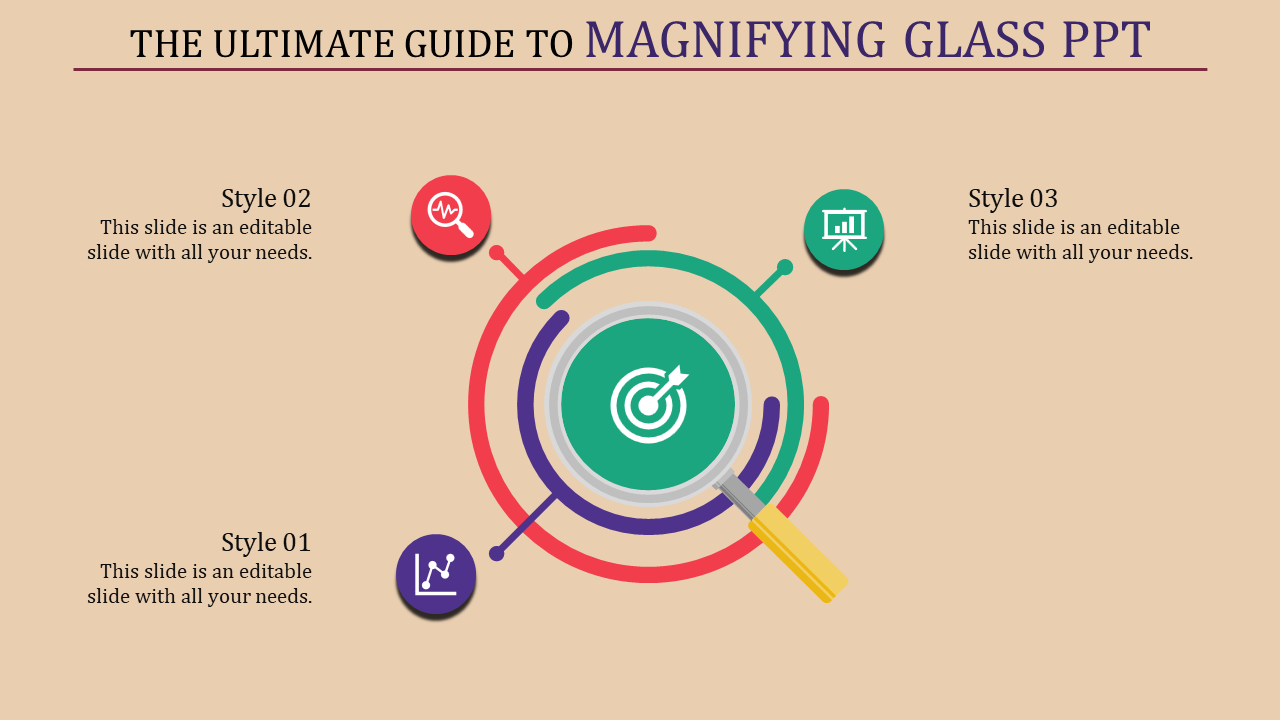 Magnifying glass graphic at the center with red, green, and purple circular elements connected to three labeled icons.