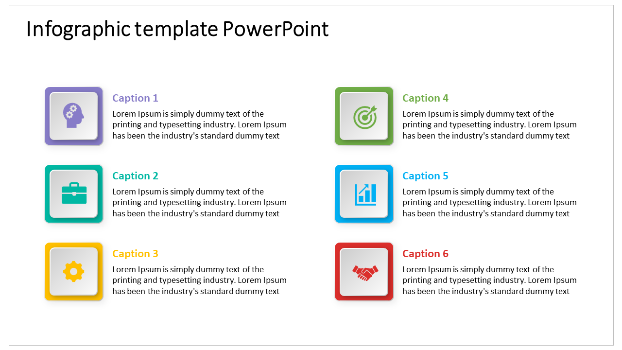 Infographic PPT slide with colorful icons representing mind, briefcase, target, chart, gears, and handshake with captions.