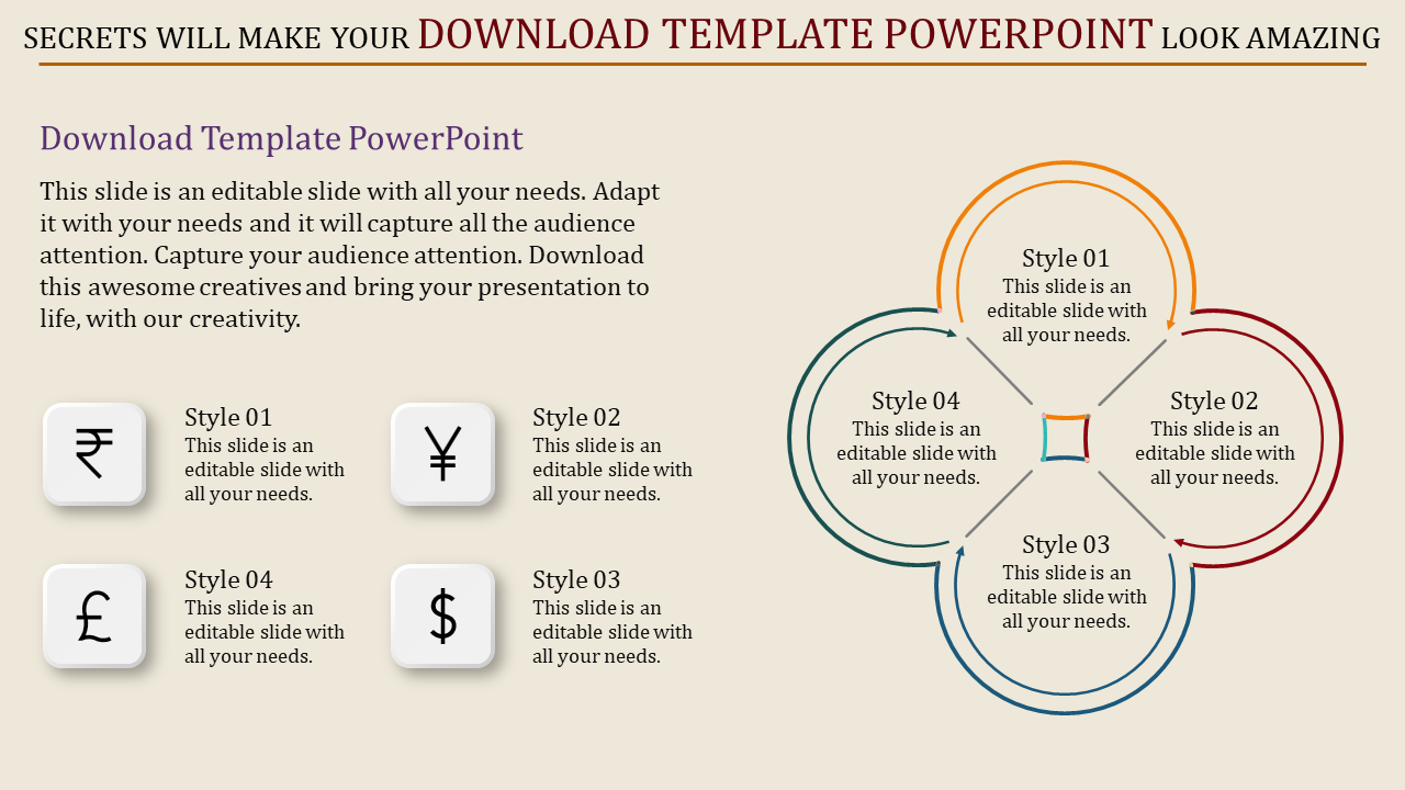 Template showcasing currency symbols in boxes and a circular infographic with four interconnected segments.