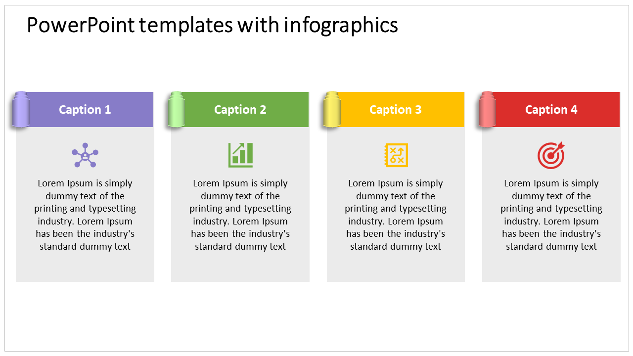 Colorful PowerPoint template with infographic icons each with a caption and placeholder text.