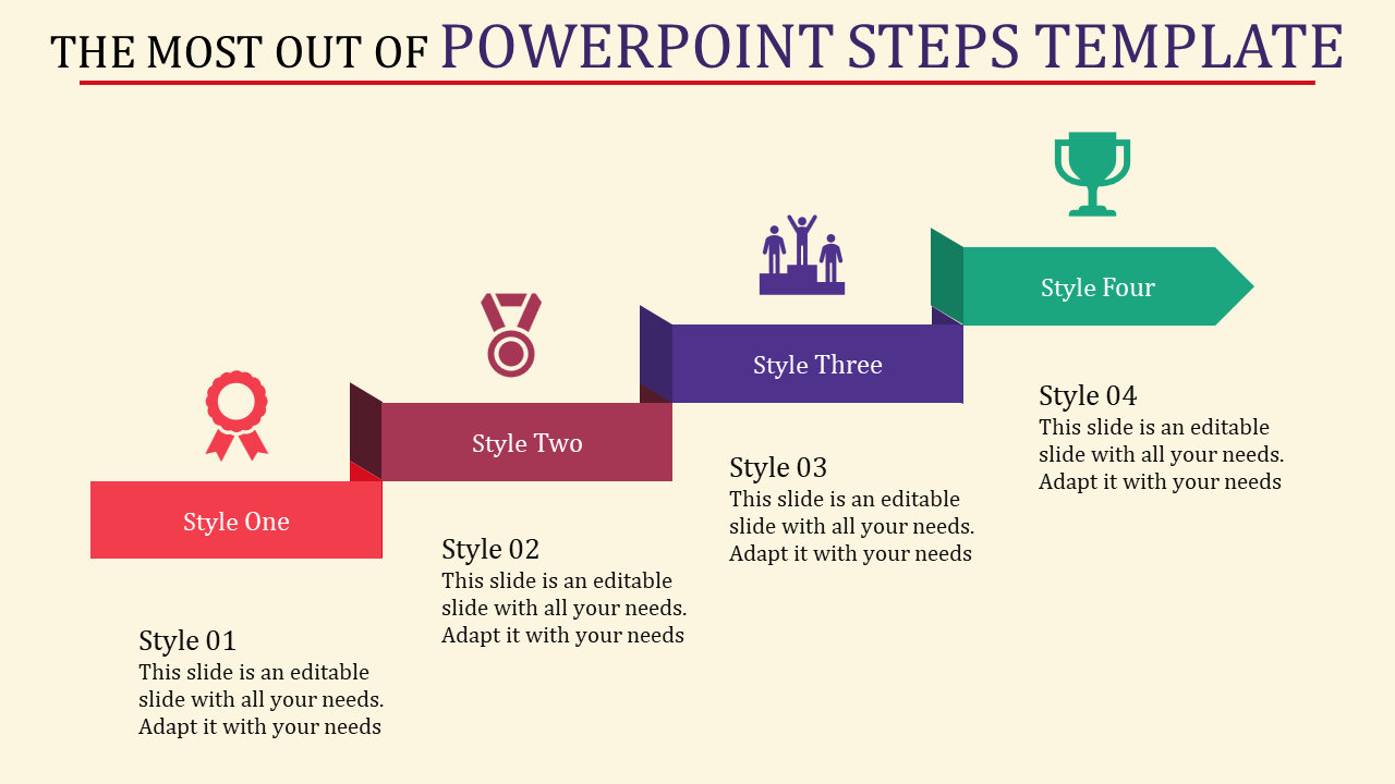 Four colorful horizontal blocks in red, maroon, purple, and green arranged as steps with icons and captions.