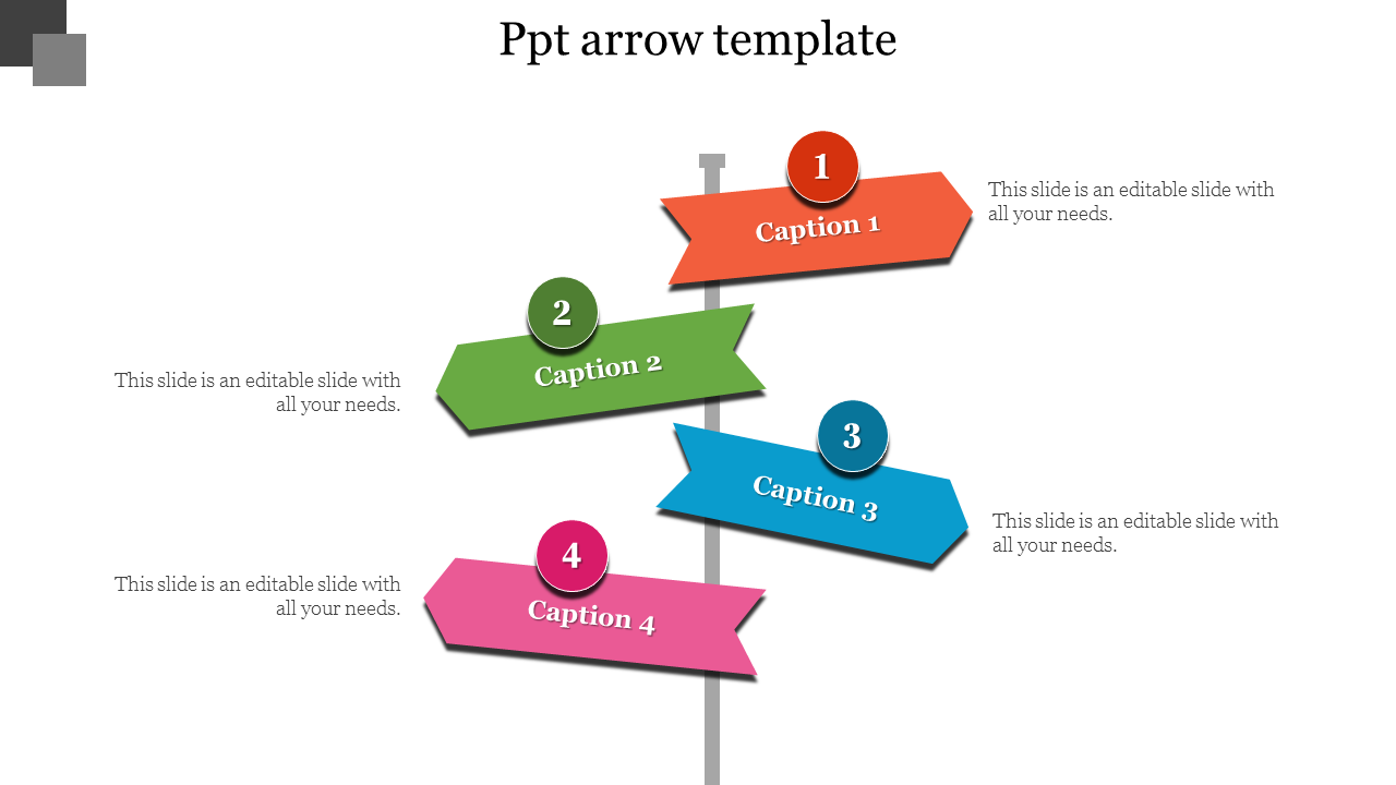 PPT arrow template featuring four arrows of different colors, each with a numbered caption for steps.