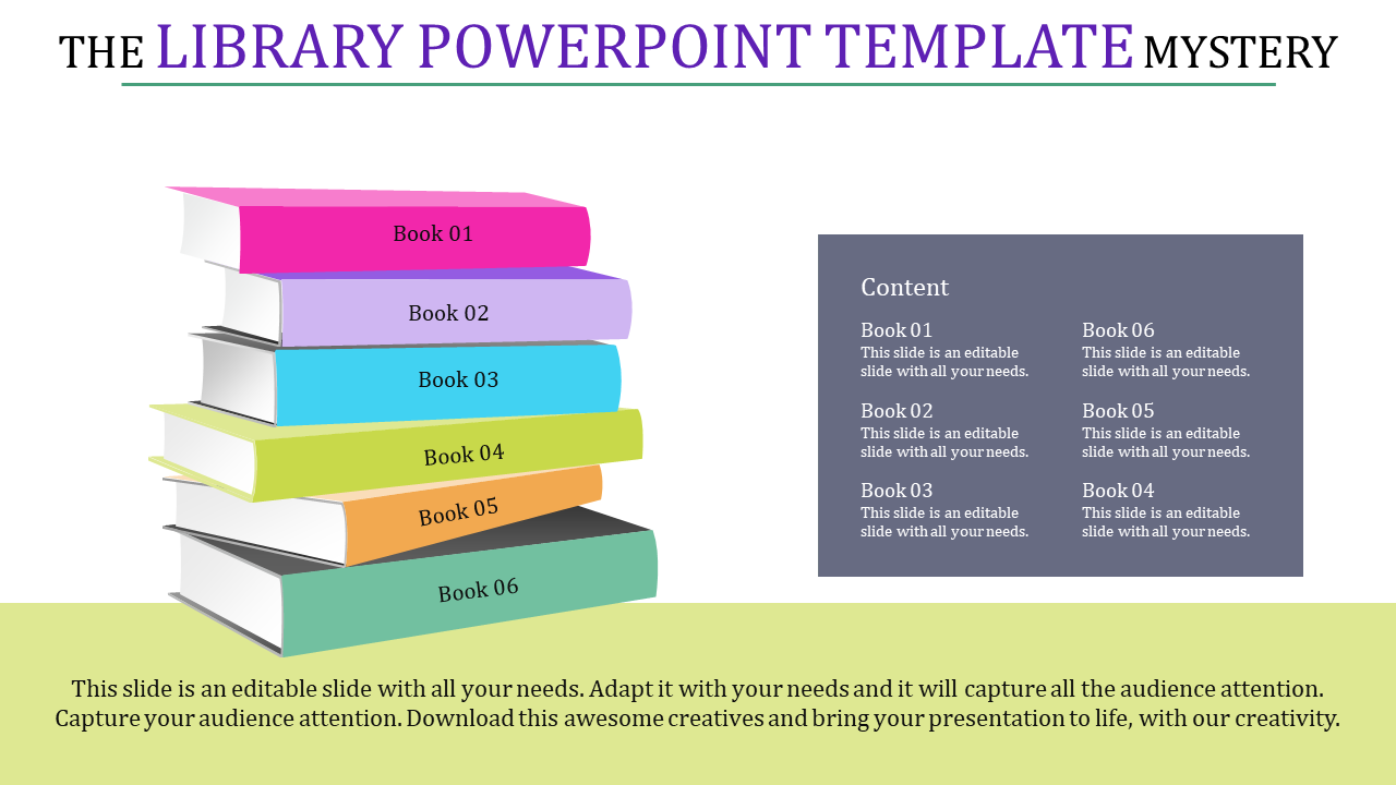 Stack of six colorful books with a gray content box on the right and a light green footer with text.