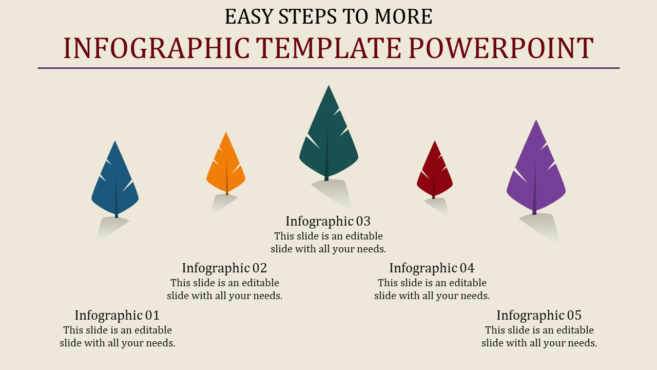 Slide featuring colorful leaf shaped infographic icons in blue, orange, green, red, and purple, with captions below.