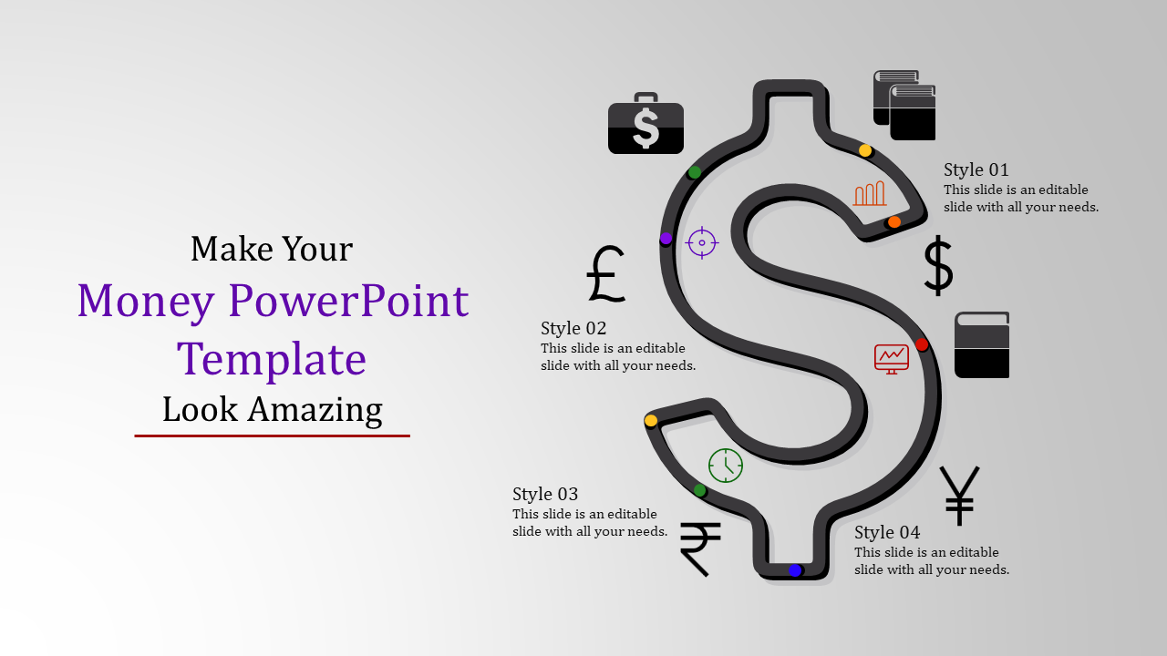 A PowerPoint slide showing a dollar sign with various currency symbols and icons, each representing a different style.