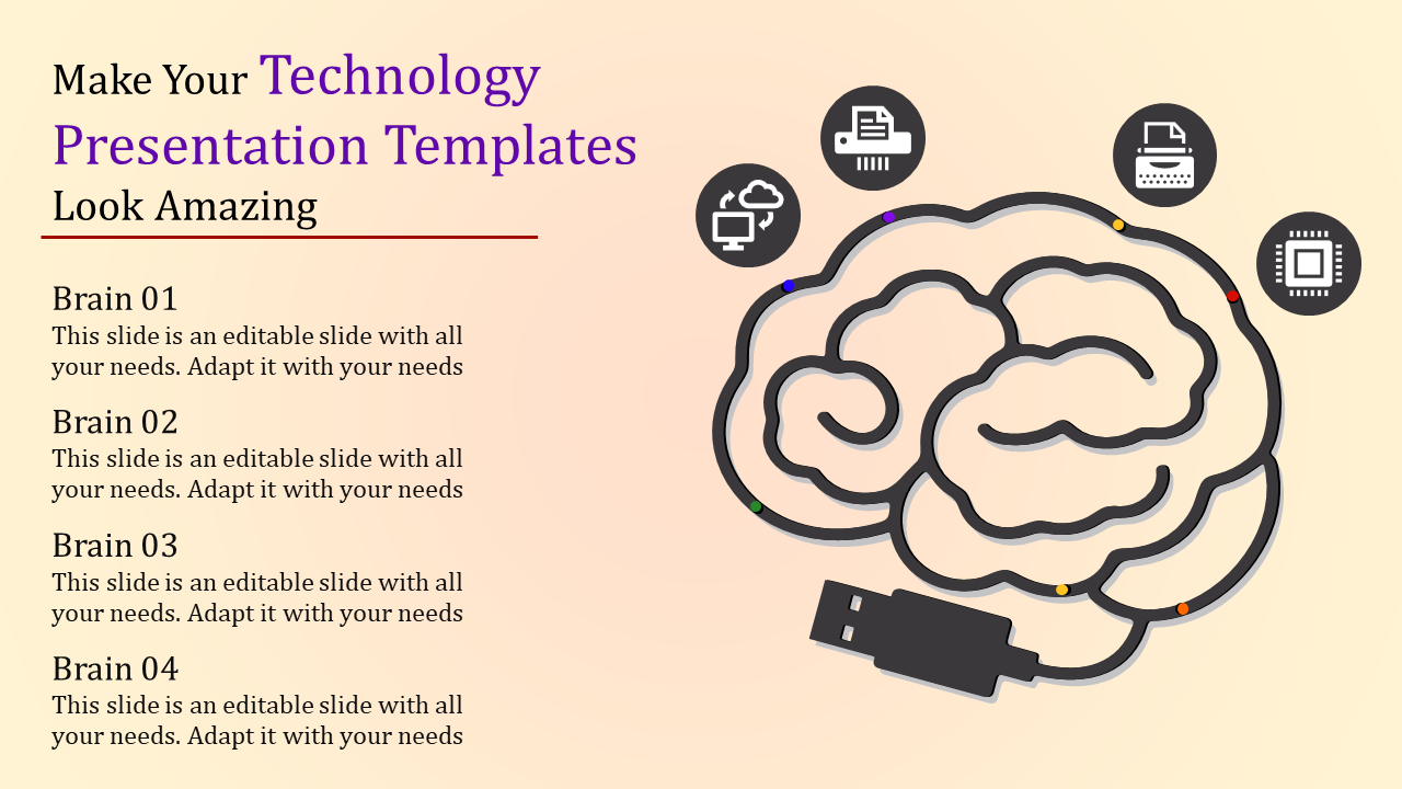 PowerPoint slide featuring a brain shaped diagram with icons representing various technology concepts with icons.