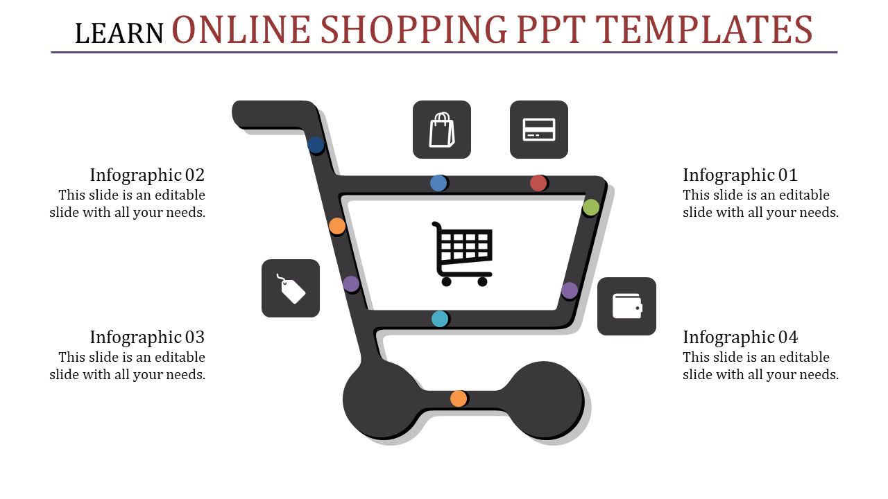 Black shopping cart illustration with small colorful dots and four icons with captions around it.