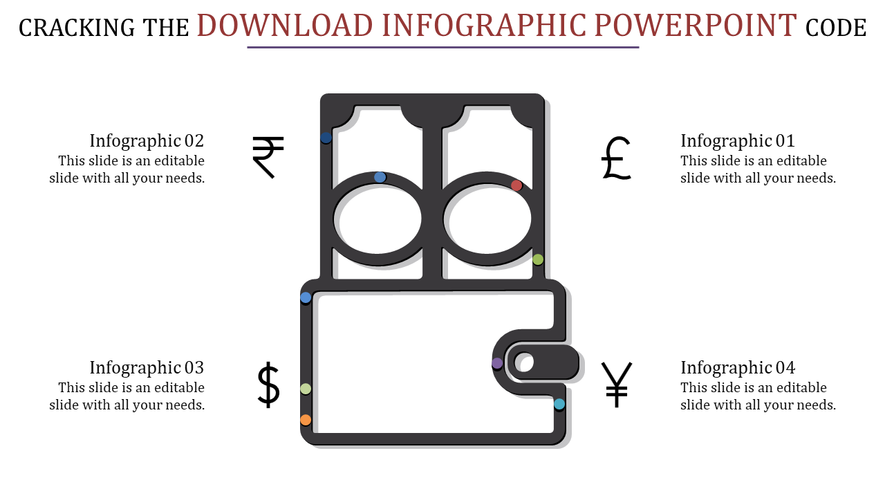 PowerPoint slide featuring a wallet infographic with different currency symbols and placeholder sections.