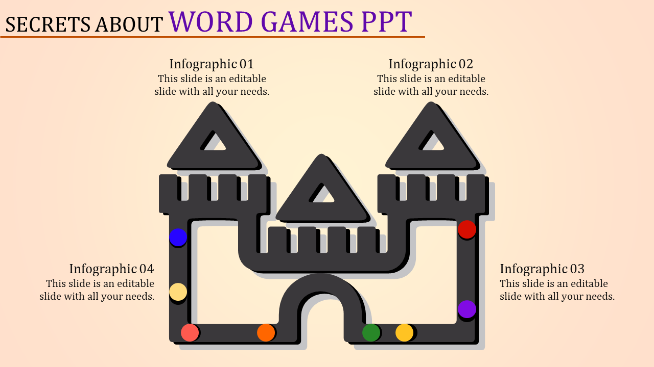 Castle shaped diagram in black with colorful dots and four text boxes, set against a light background.