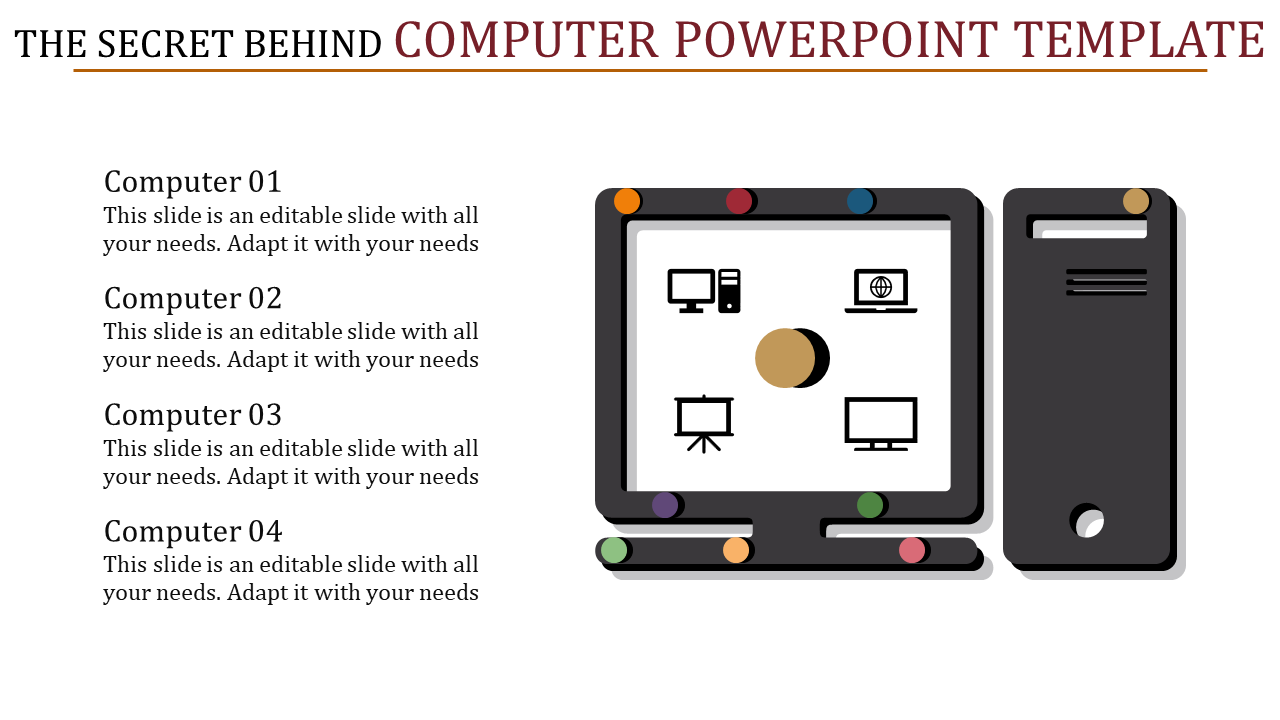 Computer themed slide featuring a monitor and CPU design with colorful nodes and four labeled captions.