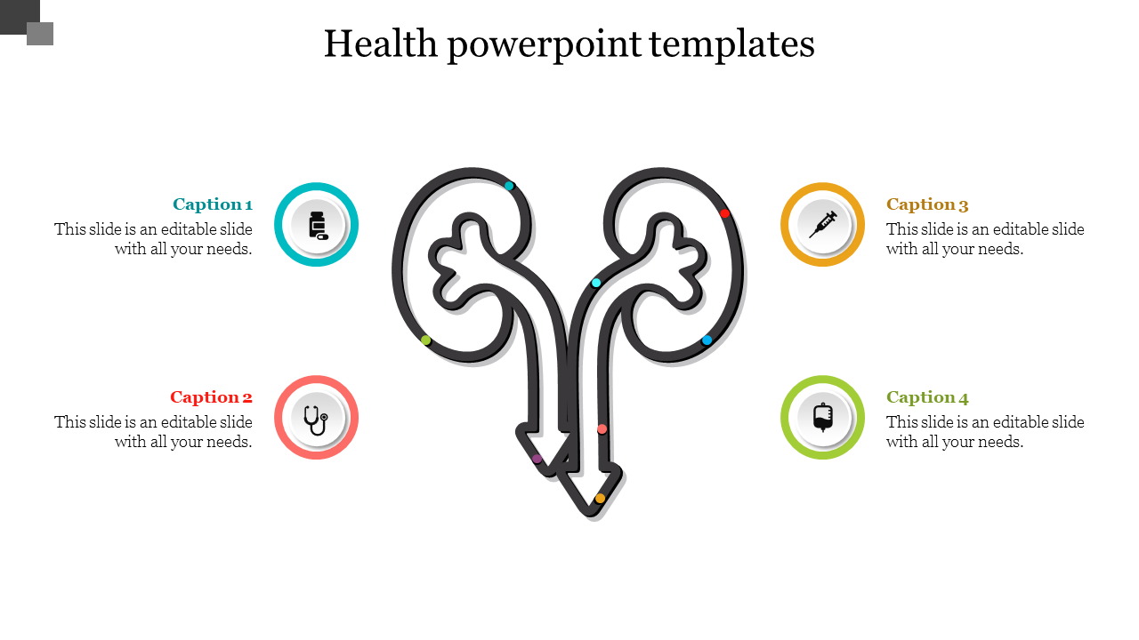 Kidney shaped outline in black, with four colored circles in blue, red, yellow, and green, with captions around it.