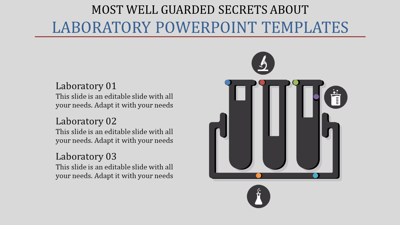 Laboratory PowerPoint template featuring test tubes with colorful dots and scientific icons like a microscope and beakers.