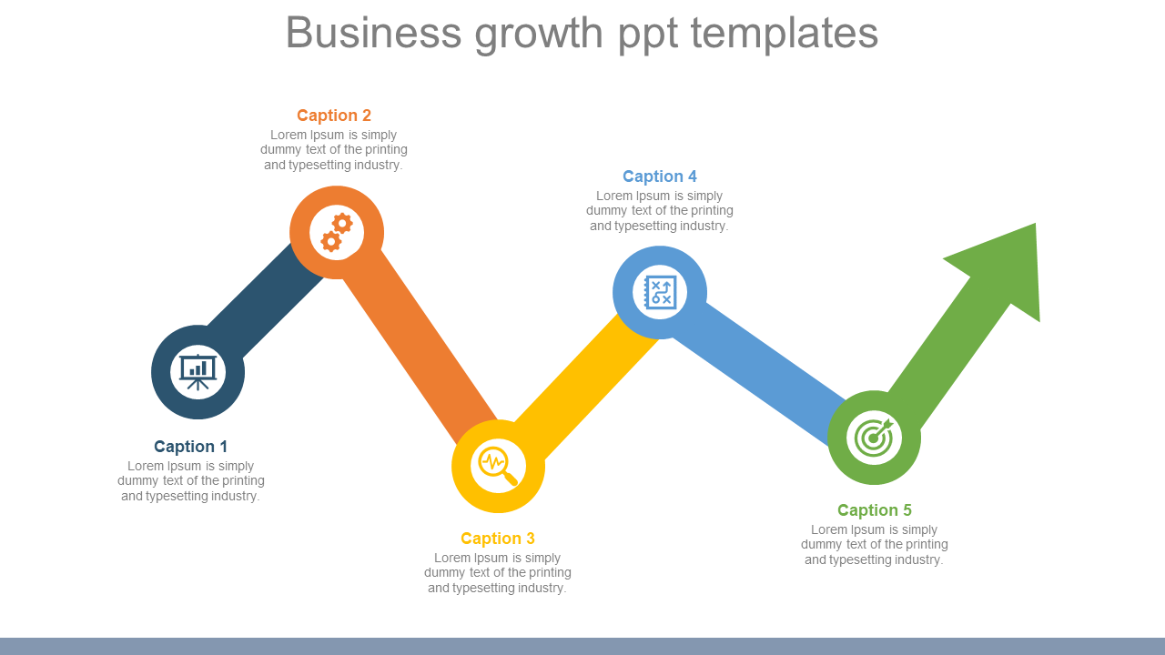 Visual business growth slide with connected colorful icons and captions with a green arrow pointing upward.