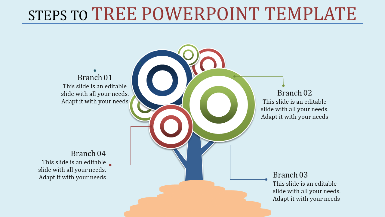 Tree diagram PowerPoint template showing four branches with captions and icons with placeholder text.