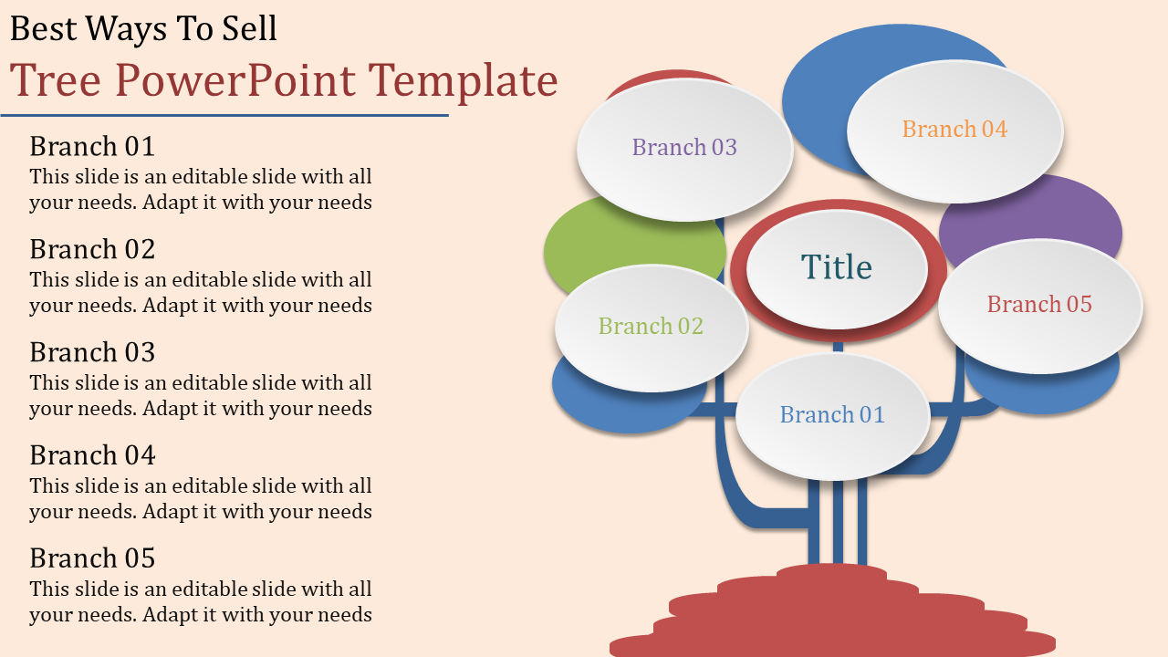 Illustration of a tree with five branches in various colors, each containing  text placeholders for different sections.