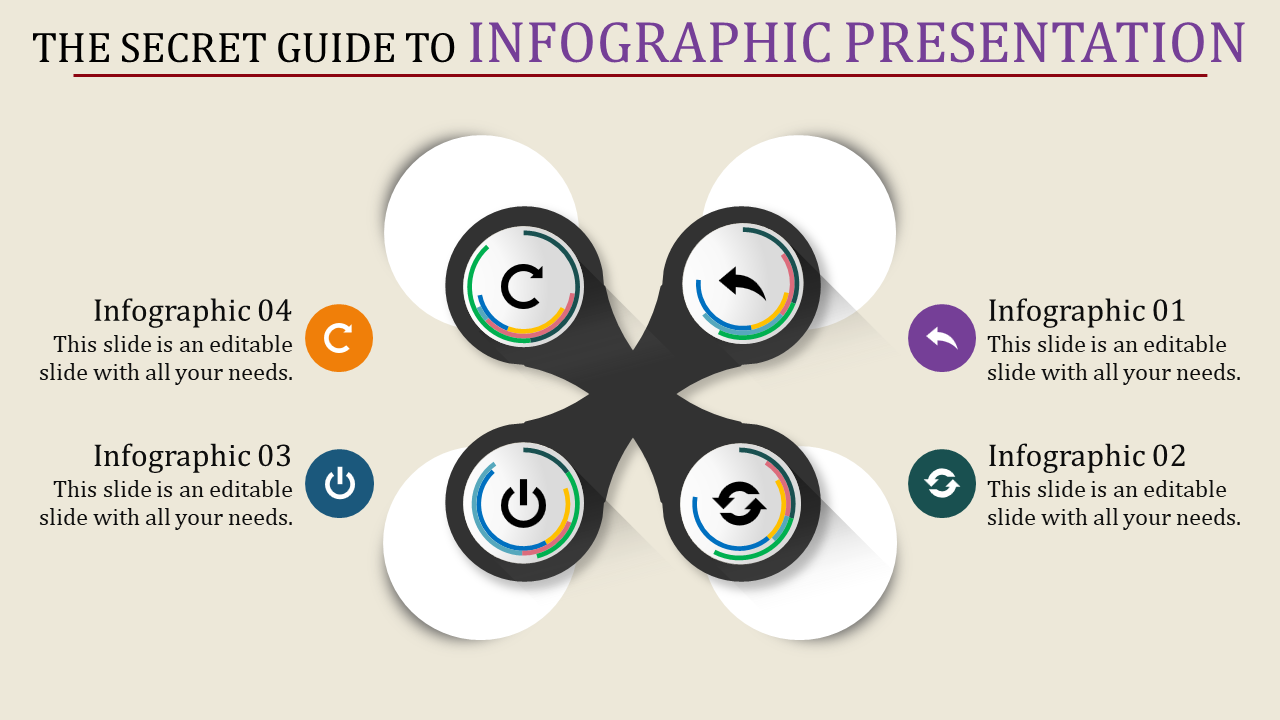 Infographic PowerPoint slide with four sections, each represented by a circular icon with colorful arrows and labeled steps.