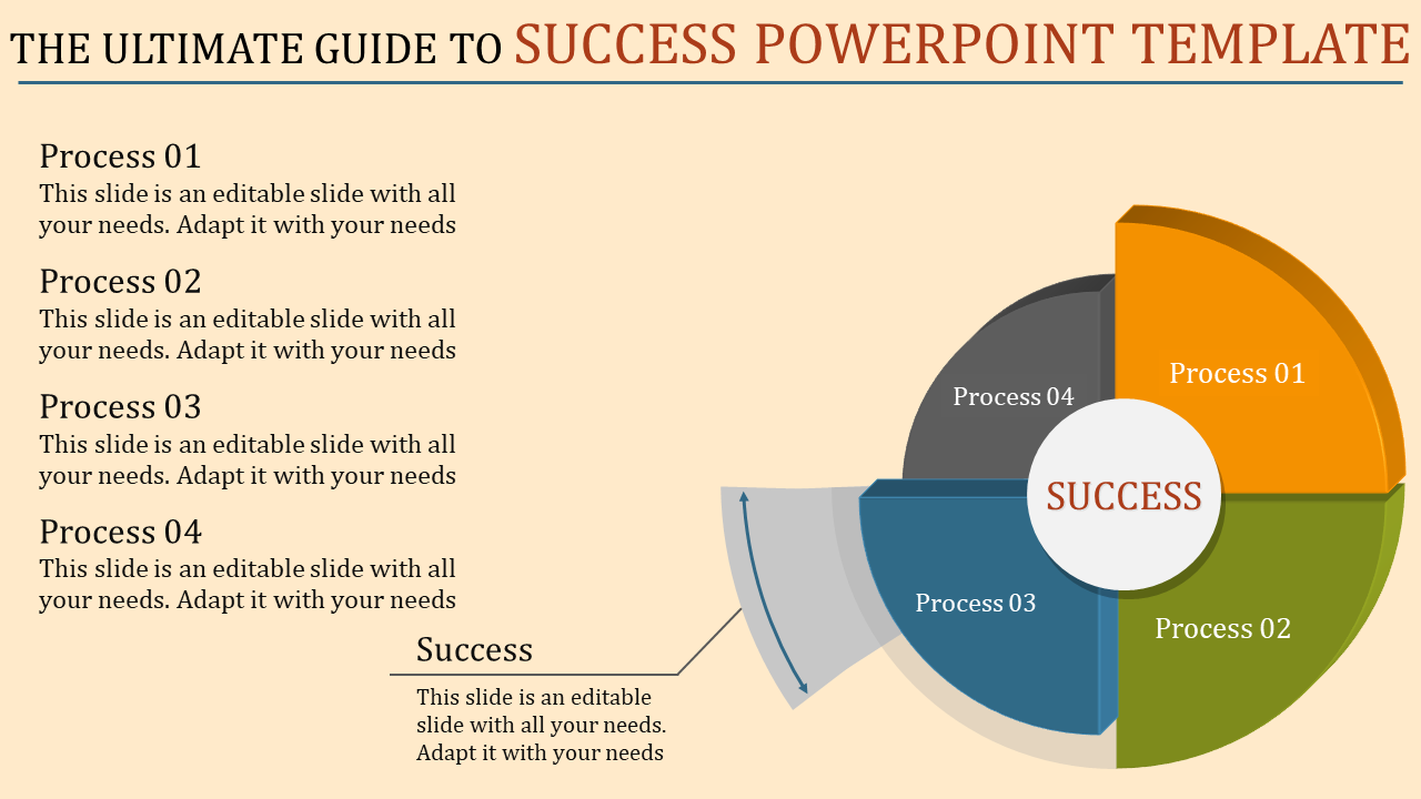 Success PowerPoint template with a colorful circular flow chart representing four steps labeled Process 01 to 04.