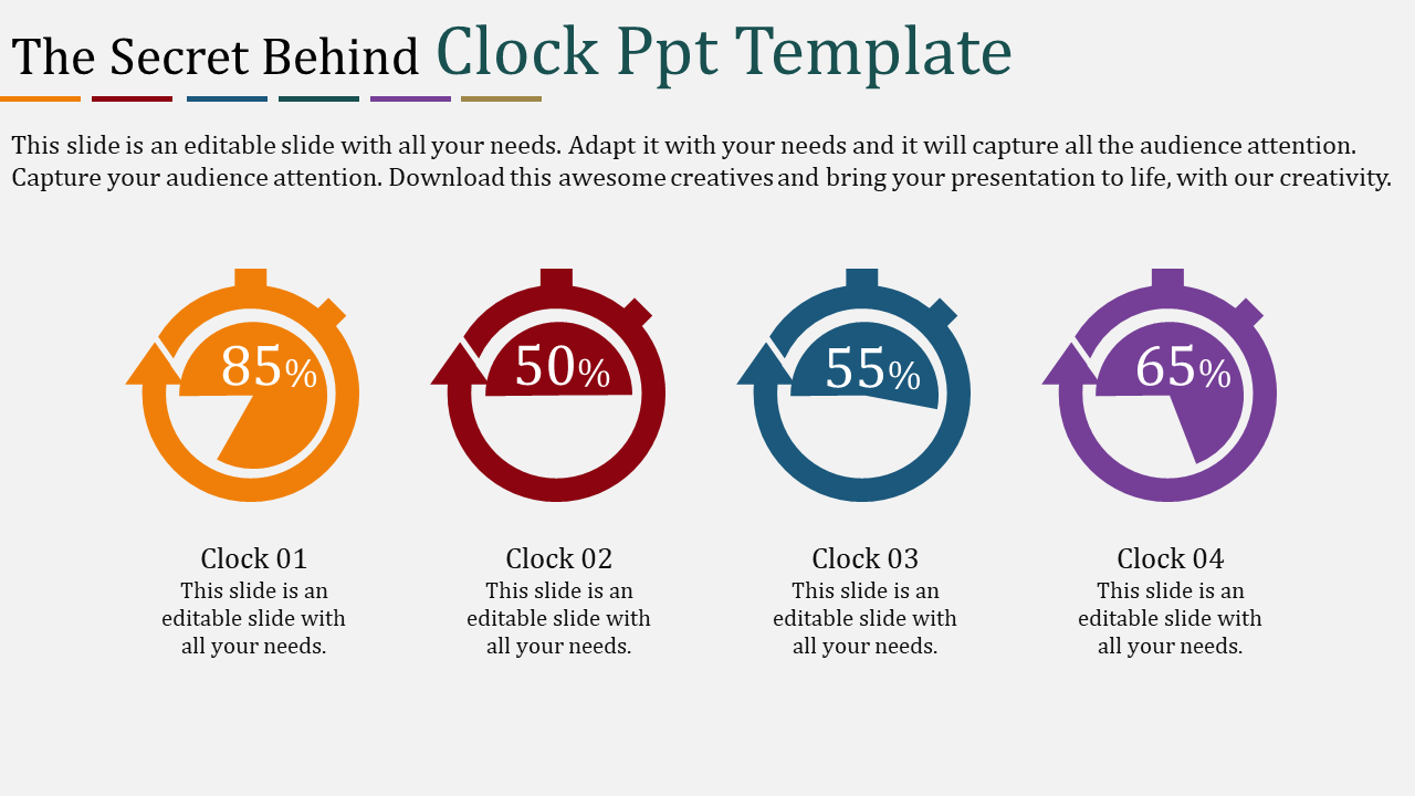 Four colorful clock icons in orange, red, blue, and purple displaying different percentage values and captions below.