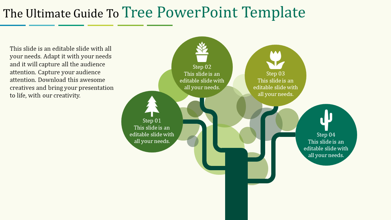 Tree-shaped diagram with branches leading to four green circles labeled steps, each featuring distinct plant icons.