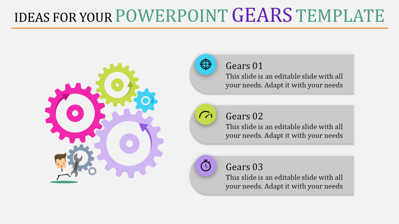 Gears template with colorful gears on the left and three labeled sections on the right for three gears.