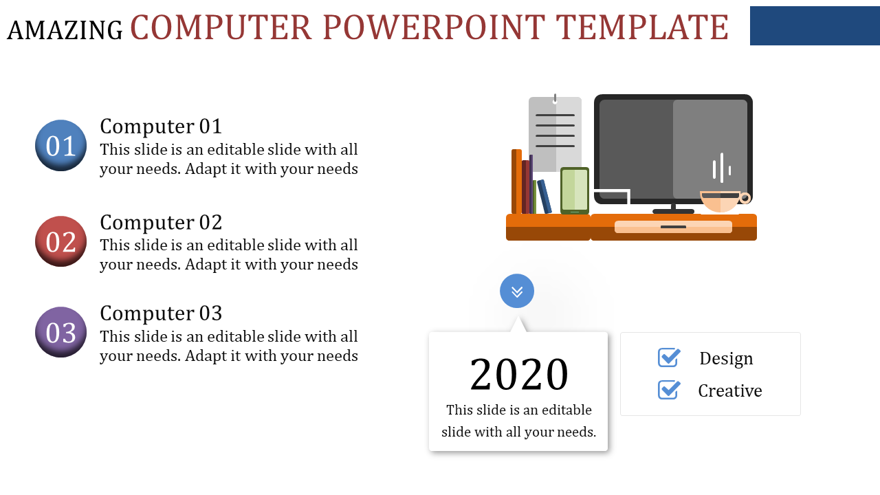 PowerPoint slide with a computer desk setup, featuring sections for 2020 and icons for design and creativity.