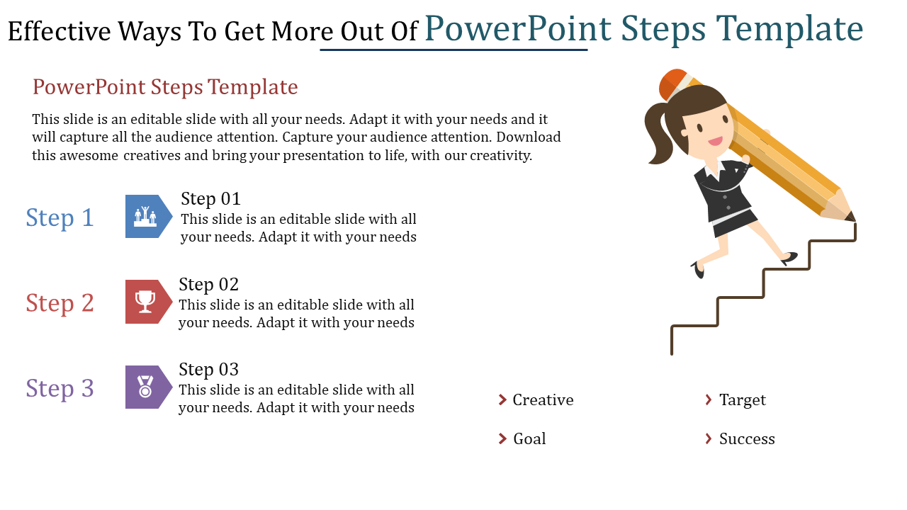 A PowerPoint template illustrating steps with icons achievement and progress, with a figure climbing toward a goal.