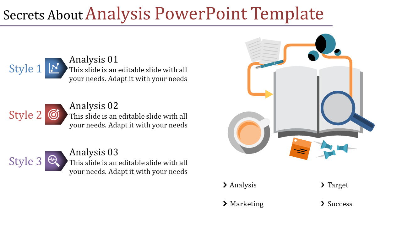 Analysis PPT slide featuring three distinct styles with icons representing analysis tools and actions with placeholder text.