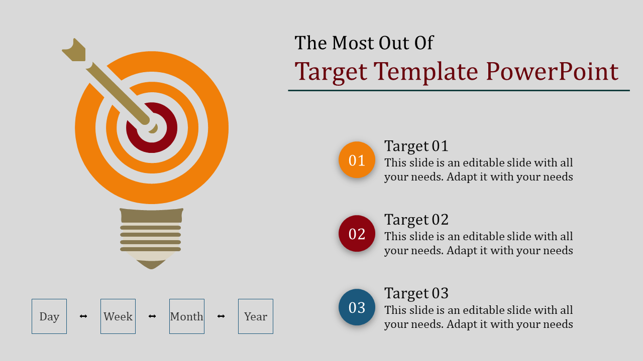 Lightbulb-shaped target with an arrow in the bullseye on the left, and three numbered target descriptions on the right.