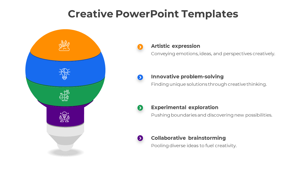 Creative PowerPoint template showing four steps from artistic expression to collaborative brainstorming with colorful icons.