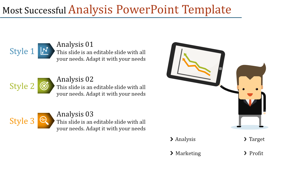 Businessman holding a tablet with a downward trend chart, showcasing an analysis PowerPoint template with style options.