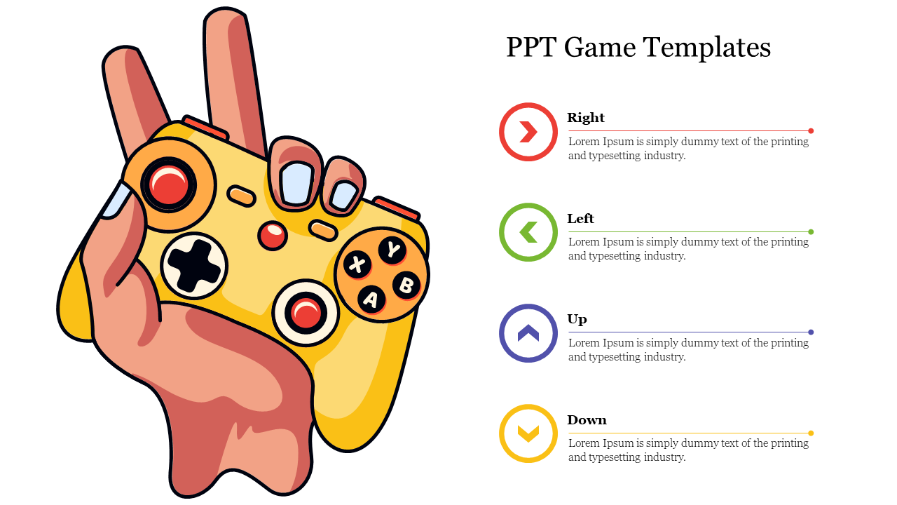 Cartoon hand gripping a yellow game controller, with arrows and placeholder text displayed on the right.