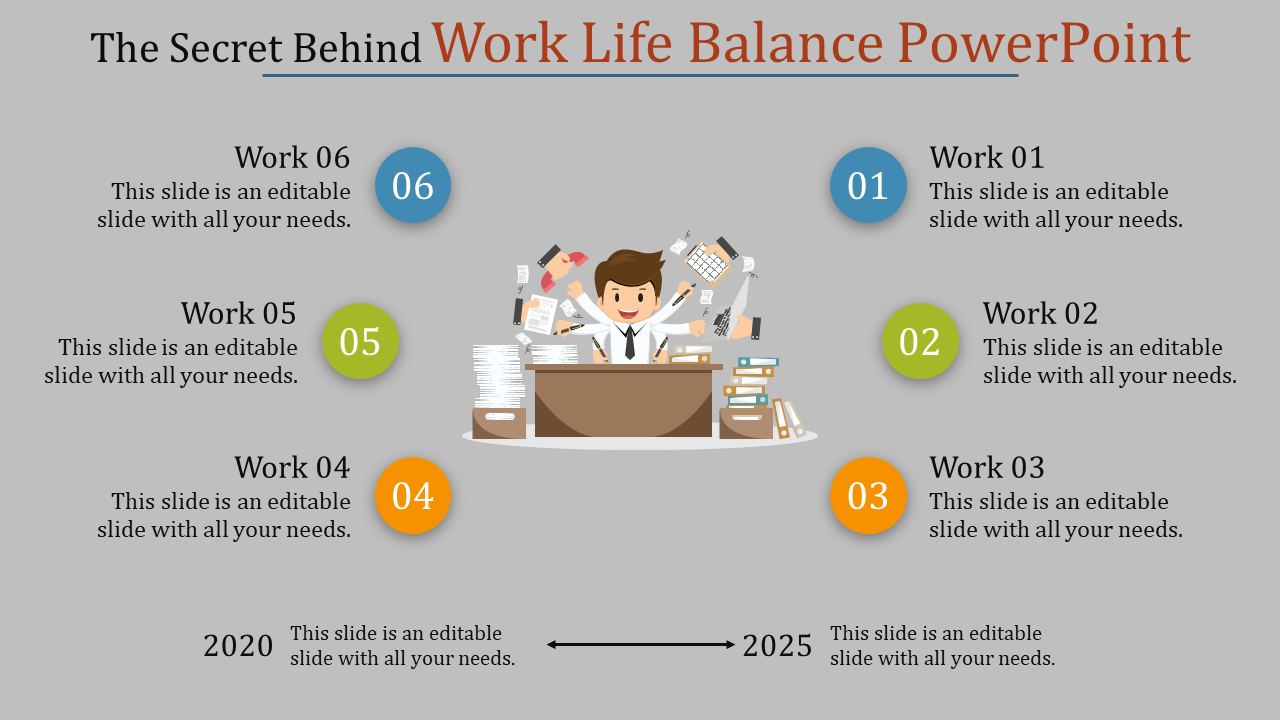 Work life balance slide with a central figure juggling multiple tasks, surrounded by numbered work steps.